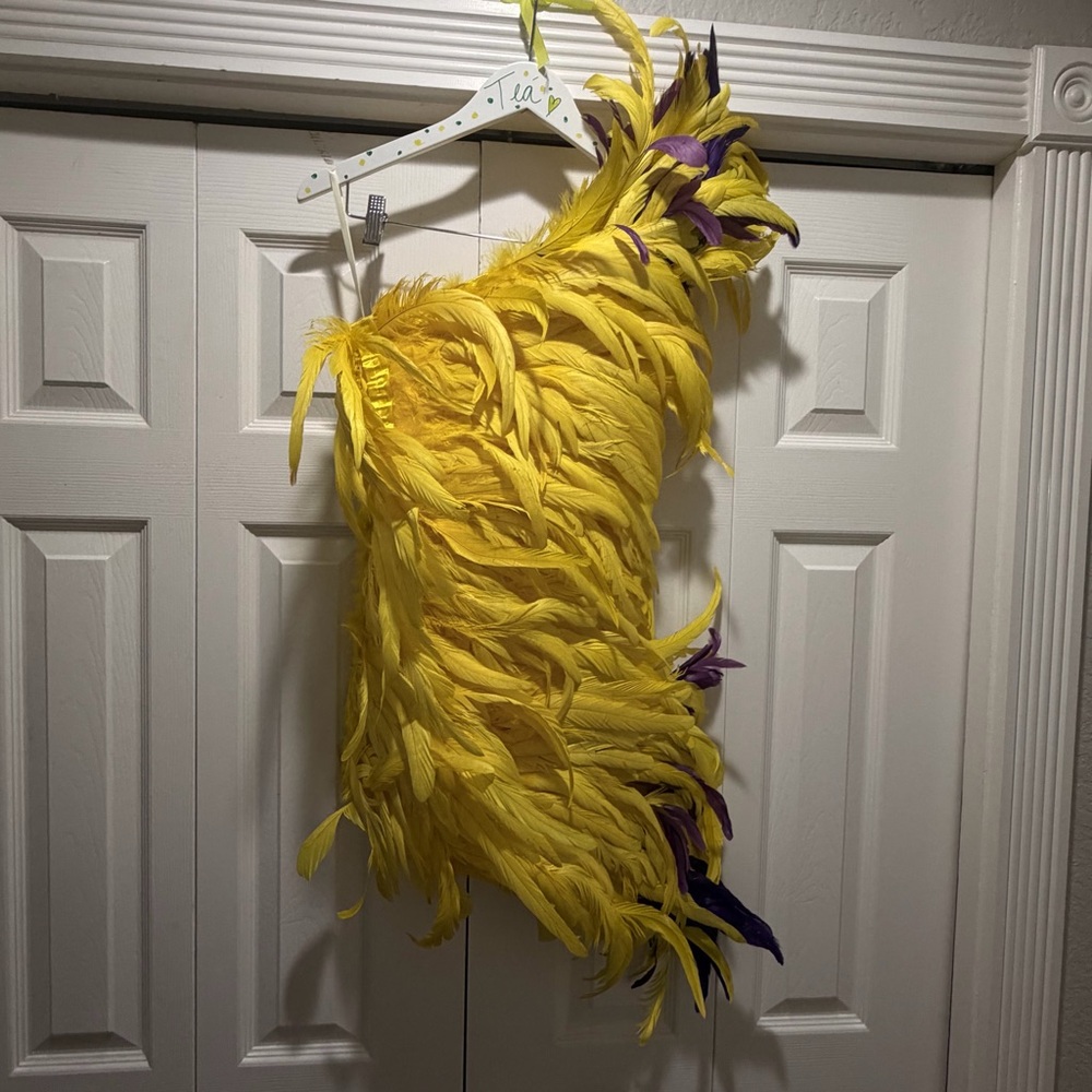 One-Shoulder Feather Cocktail Dress in Yellow with Purple Accents